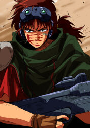 Rule 34 | 1boy, bandaid, bandaid on face, blood, blood on face, brown background, brown gloves, brown hair, cape, fingerless gloves, gloves, goggles, goggles on head, green cape, gun, holding, holding gun, holding weapon, kikou ryouhei mellowlink, kokecoo, looking at viewer, male focus, mellowlink arity, outdoors, ponytail, serious, solo, soukou kihei votoms, weapon