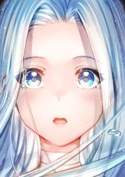 Rule 34 | 1girl, absurdres, aldehyde, blue eyes, blue hair, blush, choker, close-up, commentary request, eye focus, eye reflection, forehead, gold bar, granblue fantasy, highres, long hair, looking at viewer, lyria (granblue fantasy), open mouth, parted bangs, portrait, reflection, solo, tearing up, water drop