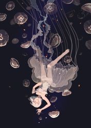 Rule 34 | 1girl, bare arms, bare legs, bare shoulders, barefoot, closed eyes, clothes lift, commentary request, dress, dress lift, facing viewer, falling, highres, jellyfish, original, panties, parted lips, purple background, see-through, short hair, solo, sonomura, sparks, underwear, upside-down, white dress, white hair, white panties