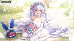 Rule 34 | 1girl, blue eyes, blue flower, blush, bouquet, breasts, bridal veil, bride, brown dust 2, bush, butterfly wings, collar, copyright name, crying, crying with eyes open, detached sleeves, dress, flower, grey hair, head wreath, heterochromia, high heels, highres, holding, holding bouquet, insect wings, long hair, looking at viewer, misyune, official art, official wallpaper, on grass, open mouth, pink flower, red eyes, refithea (brown dust), second-party source, sitting, small breasts, solo, star-shaped pupils, star (symbol), stiletto heels, strapless, strapless dress, symbol-shaped pupils, tears, thighhighs, twing glutti, veil, very long hair, wariza, white collar, white dress, white footwear, white sleeves, white thighhighs, wings