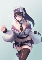 Rule 34 | 1girl, absurdres, baggy clothes, bare shoulders, baseball cap, belt, belt pouch, black hair, black shorts, black thighhighs, blunt bangs, borrowed character, breasts, clothes writing, collarbone, commentary, d-pad, detached collar, dreamkite, english text, groin, hat, headphones, headset, highres, lanmei, large breasts, long hair, looking at viewer, lowleg, lowleg shorts, multiple belts, navel, necktie, off-shoulder sweater, off shoulder, original, ponytail, pouch, short shorts, shorts, solo, sweater, thigh pouch, thighhighs, tie clip, unzipped, walking, zipper pull tab