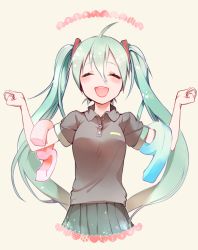 Rule 34 | 1girl, 39, :d, ahoge, aqua eyes, aqua hair, bad id, bad pixiv id, blush, buttons, carrying, casual, closed eyes, female focus, grey shirt, hair between eyes, happy, hatsune miku, headset, heart, long hair, ng (kimjae737), open mouth, outstretched arms, pleated skirt, shirt, short sleeves, simple background, skirt, smile, solo, spread arms, text focus, twintails, very long hair, vocaloid, white background