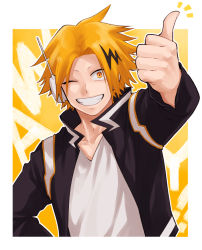 Rule 34 | 10s, 1boy, ;), bad id, bad pixiv id, blonde hair, boku no hero academia, grin, hand on own hip, headphones, jacket, kaminari denki, male focus, multicolored hair, one eye closed, open clothes, open jacket, simple background, smile, solo, spiked hair, streaked hair, thumbs up, upper body, yellow background, yellow eyes, yoshitaro (almendra)