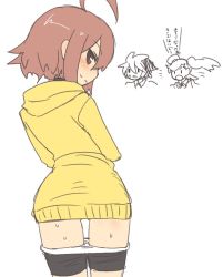 Rule 34 | &gt;:o, 1boy, 2girls, :o, ahoge, back, bike shorts, bike shorts pull, blush, brown eyes, brown hair, clothes pull, flat color, hood, hoodie, kido hyde, linne, long sleeves, looking back, multiple girls, nanase (under night in-birth), open mouth, panties, panty pull, partially colored, purple eyes, short hair, shorts, shorts pull, sumiyao (amam), sweat, twintails, under night in-birth, underwear, v-shaped eyebrows, white background, white panties