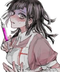 Rule 34 | 1girl, apron, bandaged arm, bandages, blood, blush, breasts, brown eyes, closed mouth, danganronpa (series), danganronpa 2: goodbye despair, from side, grey apron, haji (shame 3800), hands up, highres, holding, holding syringe, large breasts, long hair, looking at viewer, messy hair, mole, mole under eye, pink blood, pink shirt, puffy short sleeves, puffy sleeves, shirt, short sleeves, sketch, smile, solo, syringe, tsumiki mikan, upper body