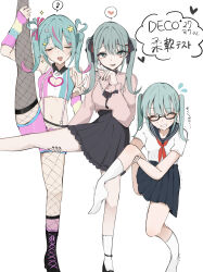 Rule 34 | 3girls, absurdres, bespectacled, black-framed eyewear, black footwear, black nails, black skirt, blue hair, blush, cinderella (vocaloid), closed eyes, commentary, creator connection, eighth note, facing viewer, feet out of frame, fishnet pantyhose, fishnets, flying sweatdrops, foot out of frame, glasses, green eyes, hatsune miku, heart, highres, jirai kei, long sleeves, looking at viewer, miniskirt, multiple girls, musical note, nail polish, neckerchief, no shoes, open mouth, pantyhose, pink shirt, pink shorts, pleated skirt, red neckerchief, sailor collar, school uniform, semi-rimless eyewear, serafuku, shirt, shoes, shorts, sidelocks, simple background, skirt, smile, socks, songover, speech bubble, split, spoken heart, spoken musical note, standing, standing on one leg, standing split, struggling, suspenders, translated, twintails, v, vampire (vocaloid), vocaloid, waimoniku, white background, white shirt, white socks
