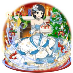 Rule 34 | 1girl, :d, black eyes, black hair, blue dress, blunt bangs, breasts, cake, candle, choker, christmas tree, cleavage, collarbone, detached sleeves, dress, food, full body, highres, holding, holding plate, kirigaya suguha, layered dress, layered sleeves, long dress, medium breasts, official art, open mouth, outside border, plate, round image, short hair, sleeveless, sleeveless dress, smile, solo, strapless, strapless dress, sword art online, sword art online: memory defrag, transparent background, wedding dress, white choker, white dress