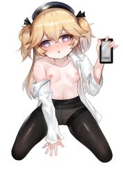 Rule 34 | 1girl, :o, bad id, bad pixiv id, beret, between legs, black pantyhose, black ribbon, blonde hair, blue eyes, blue hat, breasts, cellphone, collarbone, collared shirt, dokomon, dress shirt, girls&#039; frontline, hair between eyes, hair ribbon, hand between legs, hat, heart, heart-shaped pupils, highres, holding, holding phone, long sleeves, looking at viewer, navel, nipples, no pants, off shoulder, open clothes, open shirt, panties, panties under pantyhose, pantyhose, parted lips, phone, ribbon, shirt, simple background, sleeves past wrists, small breasts, solo, super-shorty (girls&#039; frontline), symbol-shaped pupils, thighband pantyhose, two side up, underwear, white background, white shirt