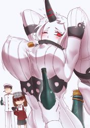 Rule 34 | 1boy, 2girls, abyssal ship, admiral (kancolle), armpits, arms behind head, artist name, black skirt, blood, bottle, bottle cap, bottle cap challenge, bouncing breasts, breast envy, breasts, brown hair, camera, carbon12th, close-up, colored skin, covered erect nipples, covered mouth, detached sleeves, dress, faceless, faceless male, flying sweatdrops, gloves, hat, highres, holding, holding bottle, horns, kantai collection, large breasts, long hair, long sleeves, looking at viewer, military, military hat, military uniform, multiple girls, multiple views, naval uniform, nosebleed, one eye closed, peaked cap, pleated skirt, pov, recording, red eyes, ribbed dress, ribbed sleeves, ribbed sweater, ryuujou (kancolle), seaport princess, short dress, sideboob, single horn, skirt, solo focus, sweater, sweater dress, twintails, underbust, uniform, very long hair, visor cap, white gloves, white hair, white skin, wince, wine bottle