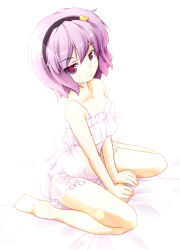 Rule 34 | 1girl, altivr, bare shoulders, barefoot, bed sheet, between thighs, camisole, chemise, collarbone, feet, female focus, flat chest, hair ornament, hairband, heart, jitome, kanzaki sora, komeiji satori, lens flare, light, looking at viewer, looking up, panties, purple eyes, purple hair, see-through, short hair, side-tie panties, sitting, smile, soles, solo, strap slip, thighs, touhou, underwear, v arms, wariza