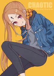 Rule 34 | 1girl, abigail williams (fate), absurdres, black pants, blonde hair, blue jacket, blush, bow, breasts, contemporary, fate/grand order, fate (series), forehead, grey shirt, highres, jacket, keyhole, kopaka (karda nui), licking lips, long hair, long sleeves, looking at viewer, multiple bows, open clothes, open jacket, orange bow, pants, parted bangs, red eyes, shirt, small breasts, smile, thighs, tongue, tongue out, yellow background