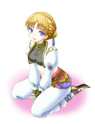 Rule 34 | 1girl, :d, aphmau, between legs, blonde hair, breasts, crop top, cropped jacket, earrings, eyelashes, final fantasy, final fantasy xi, fingerless gloves, full body, gloves, gold trim, hairpods, hand between legs, highres, hume, jacket, jewelry, juliet sleeves, long sleeves, medium breasts, navel, open clothes, open jacket, open mouth, pants, pointy footwear, puffy sleeves, purple eyes, purple hair, sakutsuki, shoes, short hair, sitting, smile, solo, v arms, wariza, white footwear, white gloves, white jacket, white pants