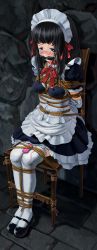 Rule 34 | 1girl, arms behind back, bdsm, bit gag, bondage, bound, bound ankles, bound calves, bound knees, bound legs, box tie, breast bondage, breasts, chair, gag, gagged, gloves, highres, itou tatsuya, long image, maid, maid headdress, mary janes, original, rope, sex toy, shibari, shoes, slave, solo, tall image, tears, thighhighs, thighs, vibrator, white thighhighs