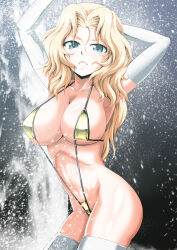 Rule 34 | 1girl, absurdres, armpits, arms up, blonde hair, blue eyes, breasts, cleavage, collarbone, covered erect nipples, cowboy shot, elbow gloves, girls und panzer, gloves, gold one-piece swimsuit, hair between eyes, hair intakes, highres, kamishima kanon, kay (girls und panzer), large breasts, long hair, looking at viewer, navel, one-piece swimsuit, parted bangs, parted lips, revealing clothes, sideboob, sideless outfit, slingshot swimsuit, solo, strap gap, swimsuit, thighhighs, water, white gloves, white thighhighs