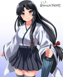 Rule 34 | 1girl, black hair, black skirt, brown eyes, closed umbrella, commentary request, gradient background, grey thighhighs, japanese clothes, kantai collection, long hair, looking at viewer, low-tied long hair, one-hour drawing challenge, pleated skirt, shouhou (kancolle), skirt, smile, solo, standing, thighhighs, twitter username, umbrella, white background, zanntetu