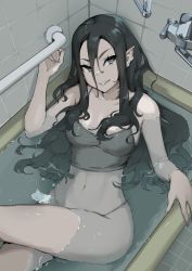 Rule 34 | 1girl, bare arms, bare shoulders, bathtub, black hair, blue eyes, camisole, collarbone, commentary, crossed legs, english commentary, feet out of frame, fingernails, from above, gills, grey nails, grey shirt, hair between eyes, highres, indoors, long hair, looking at viewer, looking up, midriff, milka (milk4ppl), monster girl, nail polish, navel, original, partially submerged, pointy ears, shark girl, sharp fingernails, sharp teeth, shirt, solo, spaghetti strap, teeth, tile floor, tile wall, tiles, v-shaped eyebrows, water, wavy hair, wet, wet hair