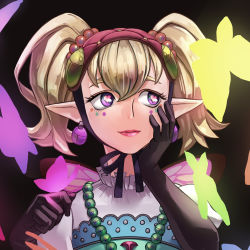 Rule 34 | 1girl, agitha, blonde hair, bug, butterfly, butterfly wings, earrings, gloves, gothic lolita, hair ornament, heart, heart-shaped pupils, highres, insect, insect wings, jewelry, lipstick, lolita fashion, makeup, nintendo, pointy ears, solo, symbol-shaped pupils, the legend of zelda, the legend of zelda: twilight princess, twintails, wings