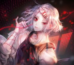 Rule 34 | 1boy, bare shoulders, collarbone, fingernails, glowing, grey hair, hair ornament, hairclip, half-closed eyes, holding, holding string, kkxmxx, male focus, nail polish, petals, red eyes, red nails, sleeves rolled up, solo, string, string of fate, suzuya juuzou, tokyo ghoul, upper body, x, x hair ornament