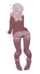 Rule 34 | 1girl, ?, all fours, ass, blush, chibikko (morihito), denim, denim shorts, feet, highres, pantyhose under shorts, long hair, morihito, original, pantyhose, shorts, solo, spot color