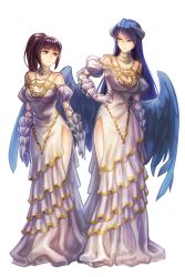 Rule 34 | 2girls, aken, albedo (overlord), albedo (overlord) (cosplay), alternate costume, bare shoulders, black hair, black wings, breasts, brown eyes, brown hair, cleavage, cosplay, dress, frilled gloves, frills, gloves, has bad revision, highres, hip vent, horns, jewelry, large breasts, looking at another, low wings, md5 mismatch, multiple girls, narberal gamma, overlord (maruyama), ponytail, side slit, simple background, wings, yellow eyes