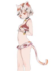 Rule 34 | 1girl, :3, adapted costume, animal ears, bell, bikini, breasts, cat ears, cat tail, cleavage, extra ears, goutokuji mike, hand up, highres, jingle bell, light blush, looking at viewer, multicolored hair, one-hour drawing challenge, paw pose, short hair, simple background, small breasts, solo, streaked hair, swimsuit, tail, tohoyuukarin, touhou, white background