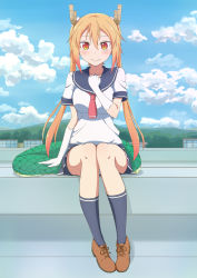 Rule 34 | 10s, 1girl, absurdres, blonde hair, blue skirt, blue socks, breasts, brown footwear, city, cloud, dragon girl, dragon tail, full body, gloves, green tail, highres, horns, kobayashi-san chi no maidragon, large breasts, long hair, looking at viewer, necktie, pleated skirt, red eyes, red necktie, rooftop, scenery, school uniform, shirt, shoes, skirt, sky, slit pupils, smile, socks, solo, tail, tohru (maidragon), white gloves, white shirt