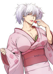 Rule 34 | 1boy, breast padding, collarbone, crossdressing, food, fruit, gintama, grey hair, hair between eyes, highres, holding, holding food, japanese clothes, kimono, long sleeves, looking at viewer, male focus, obi, parted lips, pinching sleeves, pink kimono, red eyes, red lips, sakata gintoki, sash, simple background, sleeves past wrists, smile, solo, strawberry, twintails, uraki (tetsu420), white background, wide sleeves