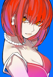 Rule 34 | 1girl, alternate hairstyle, blue background, bracelet, breasts, chainsaw man, cleavage, halftone texture, highres, jewelry, looking at viewer, makima (chainsaw man), medium breasts, necklace, orange eyes, pearl bracelet, pearl necklace, red hair, ringed eyes, sailen0, short hair, simple background, solo, sports bra