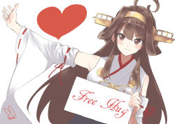 Rule 34 | &gt;:), 10s, 1girl, ahoge, artist name, blush, brown eyes, brown hair, detached sleeves, english text, headgear, heart, holding, holding sign, kantai collection, kongou (kancolle), long hair, nontraditional miko, outstretched arm, ribbon-trimmed sleeves, ribbon trim, sensen, sign, smile, solo, v-shaped eyebrows