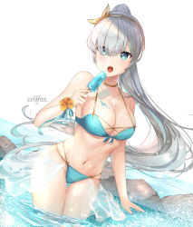 Rule 34 | absurdres, anastasia (fate), artist name, bikini, blue bikini, blue eyes, breasts, fate/grand order, fate (series), food, hairband, highres, large breasts, long hair, melting, navel, ocean, ponytail, popsicle, silver hair, silverpixia, solo, swimsuit, wading