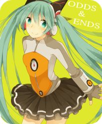 Rule 34 | 1girl, bad id, bad pixiv id, copyright name, fingerless gloves, gloves, green eyes, green hair, hatsune miku, headphones, long hair, matching hair/eyes, minamiya mia, odds &amp; ends (vocaloid), skirt, smile, solo, twintails, very long hair, vocaloid