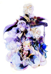 Rule 34 | 2boys, 2girls, armor, axe, blonde hair, book, brother and sister, brothers, camilla (fire emblem), elise (fire emblem), fire emblem, fire emblem fates, hair over one eye, holding, holding sword, holding weapon, kuzumosu, leo (fire emblem), long hair, multiple boys, multiple girls, nintendo, purple hair, red eyes, siblings, simple background, sisters, staff, sword, twintails, weapon, xander (fire emblem)