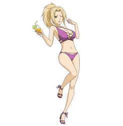 Rule 34 | 1girl, bare legs, bare shoulders, belly, bikini, blonde hair, breasts, brown eyes, cleavage, collarbone, cup, drinking glass, drinking straw, food, fruit, high heels, highres, large breasts, leg up, legs, lemon, lemon slice, looking at viewer, nail polish, naruto (series), naruto shippuuden, navel, official alternate costume, official art, one eye closed, ponytail, purple bikini, red nails, smile, swimsuit, toenail polish, toenails, toes, tsunade (naruto), wink