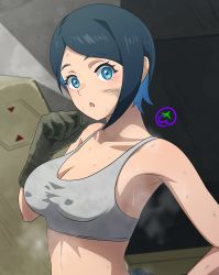 Rule 34 | 1girl, :o, artist logo, bare shoulders, blue eyes, blue hair, blue jumpsuit, breasts, brown gloves, check commentary, collarbone, colored inner hair, commentary, commentary request, covered erect nipples, dark blue hair, dirty, dirty face, gloves, gundam, gundam suisei no majo, highres, jumpsuit, mechanic, medium breasts, multicolored hair, nasubi atmark, navel, nervous sweating, nika nanaura, open mouth, shirt, short hair, solo, steam, steaming body, stomach, sweat, tank top, tied jumpsuit, upper body, white shirt