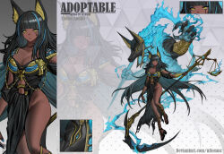 Rule 34 | 2020, adoptable, allosauc, animal ears, anubis (mythology), artist name, balance scale, black dress, black footwear, black hair, blue cape, blue eyeshadow, blue fire, blue hair, blunt bangs, breasts, cape, claws, cleavage, closed mouth, commentary, creature and personification, dark-skinned female, dark skin, deviantart username, dress, egyptian mythology, english commentary, english text, expressionless, eyeshadow, fire, genderswap, genderswap (mtf), gradient background, grey background, highres, holding, holding scythe, holding staff, jackal ears, large breasts, leg ribbon, long dress, long hair, looking at viewer, makeup, marking on cheek, multicolored hair, original, polka dot, polka dot background, ribbon, sandals, scythe, shoulder pads, side slit, simple background, single bare leg, single bracer, slit pupils, staff, streaked hair, torn cape, torn clothes, torn dress, triangle background, weighing scale, yellow eyes, yellow ribbon