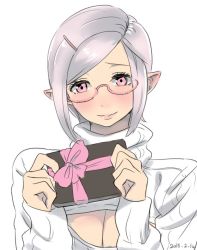 Rule 34 | 10s, 1girl, warrior of light (ff14), blush, box, elezen, elf, final fantasy, final fantasy xiv, gift, gift box, glasses, grey hair, hairband, pink eyes, pointy ears, potion lilac, smile, solo, sweater, white background