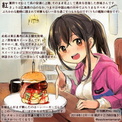 Rule 34 | 1girl, :d, akagi (kancolle), alternate costume, blush, brown eyes, brown hair, burger, colored pencil (medium), commentary request, contemporary, dated, food, hair between eyes, kantai collection, kirisawa juuzou, long hair, long sleeves, numbered, open mouth, side ponytail, smile, solo, sweater, traditional media, translation request, twitter username, white sweater