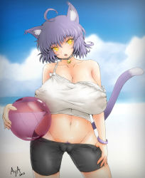 Rule 34 | 1girl, ahoge, animal ears, artist name, aya shobon, bad id, bad pixiv id, ball, bare shoulders, beachball, bell, bike shorts, blue hair, bracelet, breasts, buruma, cameltoe, cat ears, cat girl, cat tail, choker, cleavage, cleft of venus, collarbone, colored pubic hair, covered erect nipples, cowboy shot, dated, female focus, female pubic hair, groin, huge breasts, jewelry, large breasts, looking at viewer, midriff, navel, neck bell, nipples, no bra, no panties, open mouth, original, plump, pubic hair, purple hair, sagging breasts, short hair, solo, sweat, tail, teeth, undressing, yellow eyes