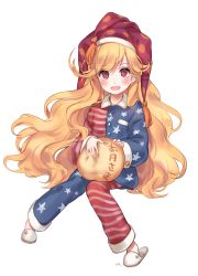 Rule 34 | 1girl, absurdres, american flag, american flag print, blush, clownpiece, fang, flag print, full body, hat, highres, jester cap, knees together feet apart, long hair, long sleeves, looking at viewer, nail polish, open mouth, pajamas, pigeon-toed, pink eyes, polka dot, shan, simple background, slippers, smile, solo, star (symbol), star print, striped, touhou, very long hair, wavy hair, white background, white footwear