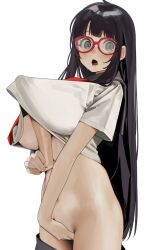 Rule 34 | 1girl, black hair, breasts, clothes lift, cowboy shot, dildo, female masturbation, glasses, grey eyes, highres, holding, holding sex toy, large breasts, long hair, looking at viewer, lower teeth only, maeshima ryou, masturbation, open mouth, original, red-framed eyewear, sex toy, shirt, shirt lift, short sleeves, simple background, solo, sweat, teeth, white background, white shirt