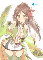 Rule 34 | 10s, 1girl, amagi (kancolle), bankoku ayuya, bare shoulders, blush, breasts, brown eyes, brown hair, cleavage, flower, green thighhighs, hair flower, hair ornament, kantai collection, large breasts, long hair, miniskirt, mole, mole under eye, pleated skirt, ponytail, simple background, skirt, solo, thighhighs, white background, white skirt, zettai ryouiki