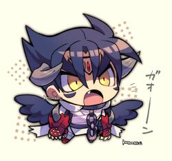 Rule 34 | 1boy, black hair, black wings, chain, chibi, devil jin, facial mark, fang, forehead jewel, gloves, grey horns, horns, kazama jin, kotorai, male focus, open mouth, red footwear, red gloves, roaring, short hair, solo, studded gloves, tekken, thick eyebrows, v-shaped eyebrows, white background, wings, yellow eyes