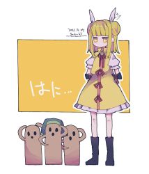 Rule 34 | 1girl, arms behind back, artist name, black footwear, blonde hair, blunt bangs, boots, commentary request, cosmicmind, dated, double bun, dress, full body, green headwear, hair bun, haniwa (statue), head scarf, jitome, joutouguu mayumi, medium hair, one-hour drawing challenge, red ribbon, ribbon, short sleeves, solo, touhou, vambraces, white ribbon, yellow background, yellow dress, yellow eyes