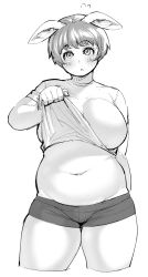 Rule 34 | 1girl, :o, animal ears, arm behind back, bad id, bad tumblr id, belly, breasts, clothes lift, cowboy shot, elf-san wa yaserarenai., embarrassed, greyscale, large breasts, lifting own clothes, monochrome, navel, oku (elf-san wa yaserarenai.), orc, original, parted lips, pig ears, plump, shirt, shirt lift, short hair, short shorts, shorts, simple background, solo, standing, surprised, synecdoche, thick thighs, thighs, white background