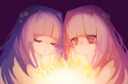 Rule 34 | 2girls, blunt bangs, closed eyes, clover hair ornament, commentary request, embers, expressionless, fire, flower, hair flower, hair intakes, hair ornament, kotonoha akane, kotonoha aoi, long hair, marutsubo, multiple girls, open mouth, pink hair, purple background, purple hair, red eyes, siblings, simple background, sisters, sparkling eyes, sparks, upper body, voiceroid