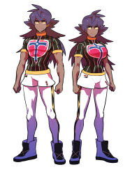 Rule 34 | 1boy, 1girl, boots, breasts, bright pupils, champion uniform, clenched hands, closed mouth, commentary request, creatures (company), dark-skinned female, dark-skinned male, dark skin, facial hair, game freak, genderswap, genderswap (mtf), highres, korean commentary, large breasts, leggings, leon (pokemon), long hair, looking at viewer, nintendo, pokemon, pokemon swsh, purple hair, redlhzz, shield print, shirt, short shorts, short sleeves, shorts, smile, split mouth, standing, sword print, white shorts, yellow eyes