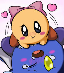 Rule 34 | 1boy, 1girl, artist request, blush, bow, cowgirl position, girl on top, heart, hetero, kirby, kirby (series), looking at viewer, lowres, meta knight, moaning, monster, nintendo, no humans, one eye closed, open mouth, original, ribbon, sex, size difference, smile, straddling, tongue, wink, yellow eyes