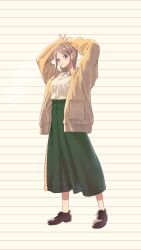 Rule 34 | 1girl, absurdres, arms up, bang dream!, bang dream! it&#039;s mygo!!!!!, blue eyes, brown background, brown cardigan, brown footwear, brown hair, cardigan, closed mouth, commentary request, green skirt, highres, long sleeves, looking at viewer, nagasaki soyo, open cardigan, open clothes, shirt, shu atelier, skirt, sleeves past wrists, smile, solo, standing, striped background, white shirt