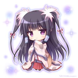 Rule 34 | 1girl, black footwear, black hair, blush, brown kimono, chibi, closed mouth, commentary request, copyright request, full body, hair ribbon, hakama, hakama skirt, japanese clothes, kimono, long hair, long sleeves, purple eyes, red hakama, red ribbon, ribbon, ribbon-trimmed sleeves, ribbon trim, ryuuka sane, sandals, sidelocks, skirt, sleeves past wrists, smile, solo, sparkle, standing, twitter username, two side up, very long hair, white background, wide sleeves, zouri