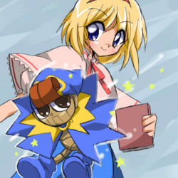 Rule 34 | 1girl, alice margatroid, ascot, blonde hair, book, brooch, brown eyes, cape, capelet, doll joints, female focus, geno (mario), hairband, hat, jewelry, joints, mario (series), niconico, niconico rpg, nintendo, smile, solo, super mario rpg, touhou